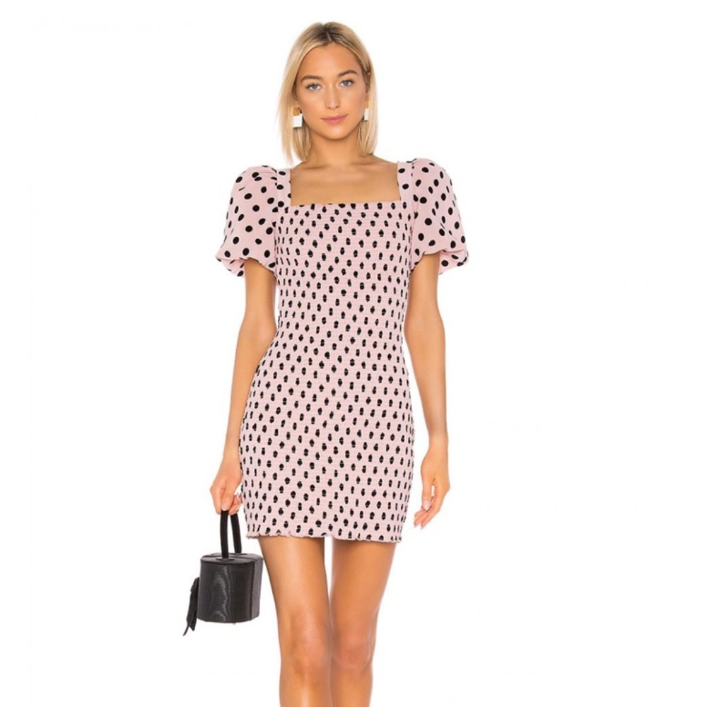 LPA Filomena mini dress Pink/black polka dot smocked, size S